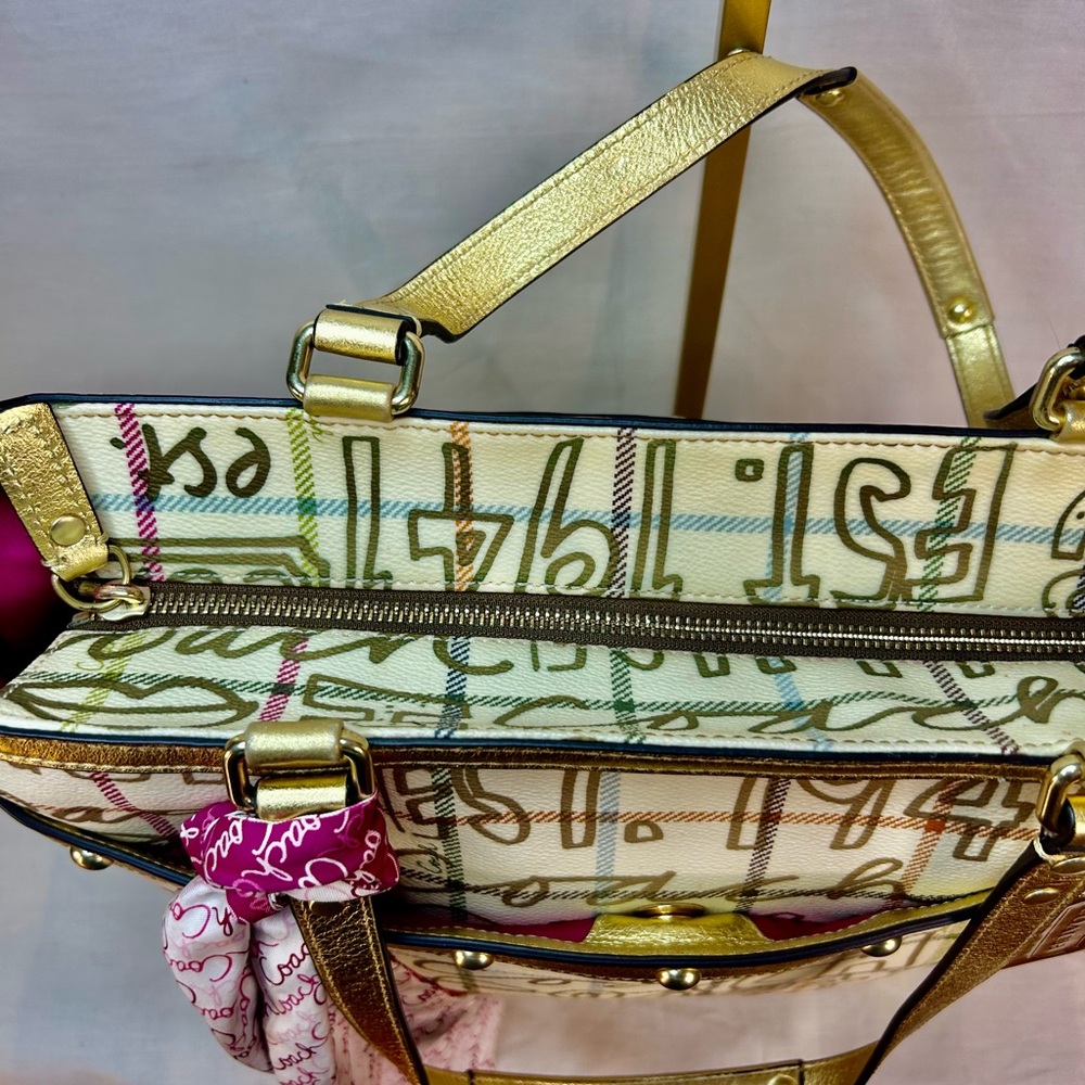 Coach Tattersall Graffiti Tote Gold/Cream Pink Lining Style F13187 Excellent - Picture 2 of 15
